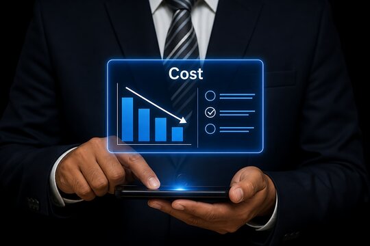 Businessman in a suit holding a smartphone with a declining cost chart infographic