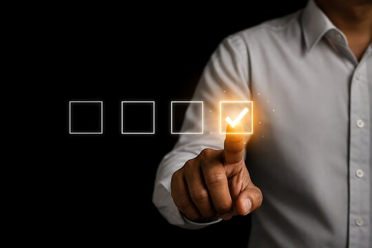 Businessman pointing at a checked box on a digital checklist interface against background