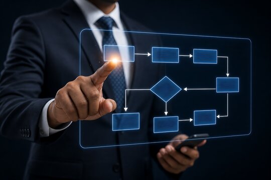 Businessman touching a digital flowchart diagram interface on a virtual screen in office