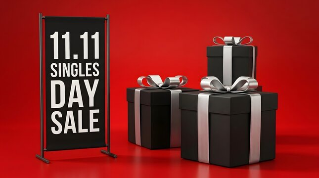 1111 singles day sale sign with black gift boxes on a red background
