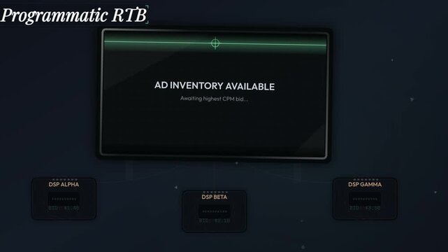 Programmatic real-time bidding interface showing ad inventory available and multiple demand platforms bidding for an impression with the winning bid clearing at a specific CPM rate
