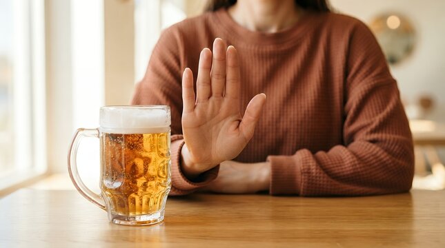 Alcohol refusal gesture with hand, woman rejecting glass of beer at table, sober lifestyle and addiction recovery concept, healthy choices in bar