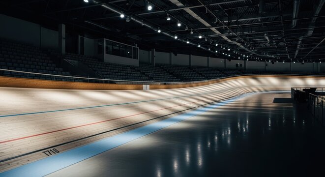 Modern Indoor Velodrome with Wooden Track and Bright Lighting