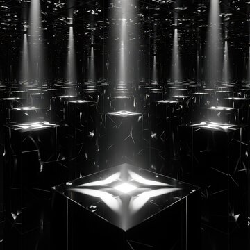 Reflective surfaces and light beams in a surreal abstract environment