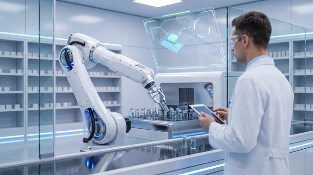 Scientist with digital tablet monitoring robotic arm packaging medical vials in a pharmaceutical factory cleanroom