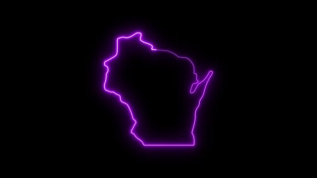 Glowing neon outline map of wisconsin state, purple electric light effect on black background