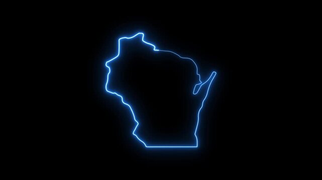 Wisconsin state map outline with glowing neon blue light effect on black background