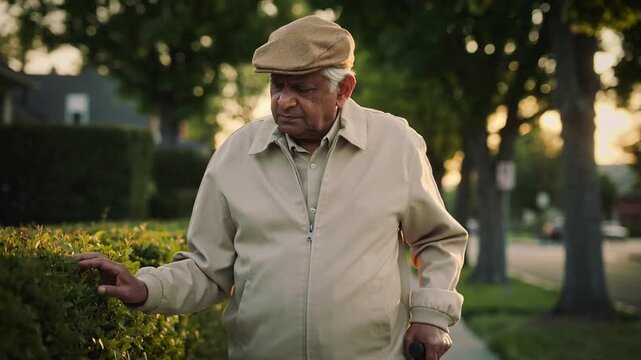 Walking senior man in beige jacket steadying cane, touching hedge on sidewalk, camera pulling back