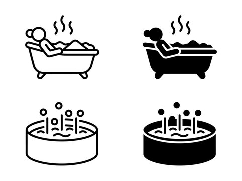 Person in bathtub and hot tub spa water icons in flat style with relaxation