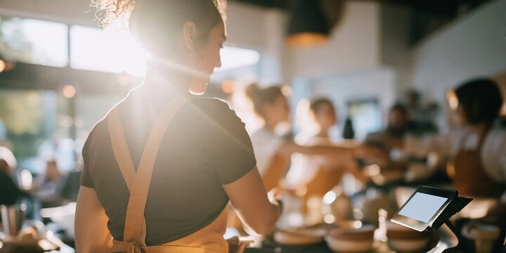 Terracotta orange apron worn by a woman in a sunlit cafe, natural close-up with a blank card reader mockup and copy space for branding