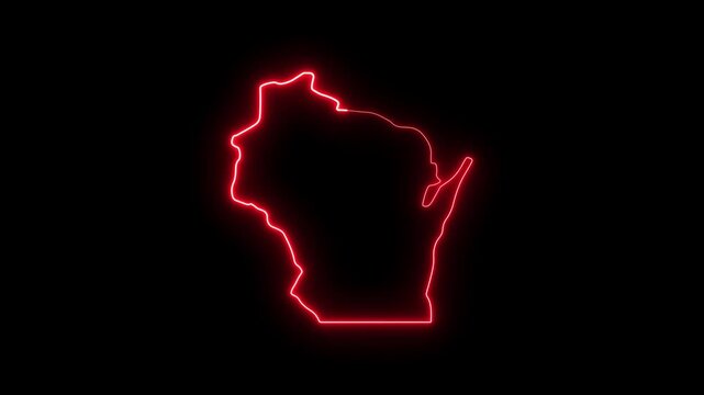 Wisconsin state map outline with glowing red neon light effect on black background