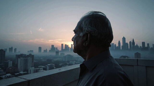 Standing senior man lifting gaze as sunrise brightens hazy skyline on rooftop parapet in dark shirt