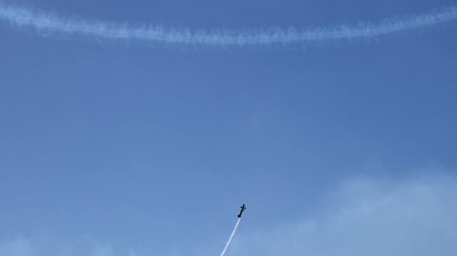 Airplane performs aerobatic stunts leaving smoke trails over ocean and beachgoers.