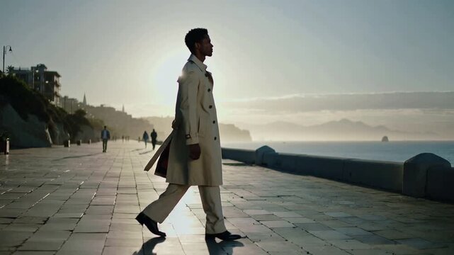 Walking man taking first step along seaside promenade, wearing light trench coat and dark shoes