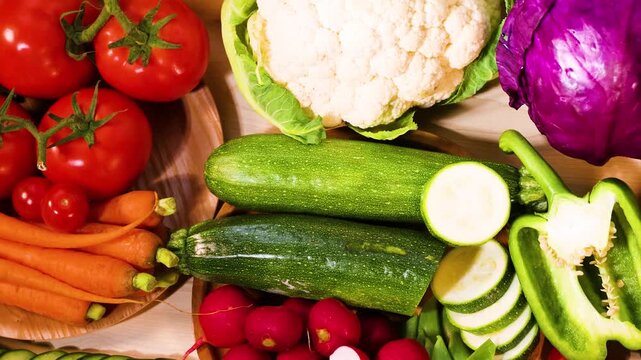 A vibrant and dynamic close-up overhead shot of a diverse selection of fresh, colorful vegetables laid out on a light wooden surface.