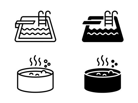 Swimming pool and hot tub icon set with diving board and steam