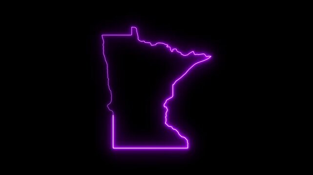 Glowing neon outline map of minnesota state, vibrant purple led border on black background