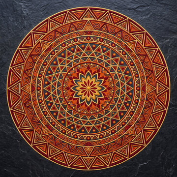 Circular mandala pattern with intricate geometric orange and red tribal motifs