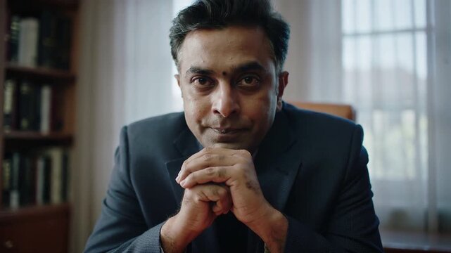 Leaning man in dark suit as camera tightens, clasping hands intently at office desk, laptop left