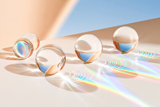 Clear glass marbles on white surface casting rainbow light patterns with soft shadows and pastel background