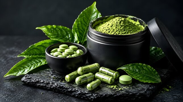 Organic matcha green tea powder in a black jar with capsules and tablets on a dark stone surface, showcasing natural health supplements and wellness lifestyle products.