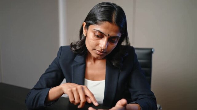 Noticing small mark, woman wearing navy blazer inspecting left palm at office table with bindi