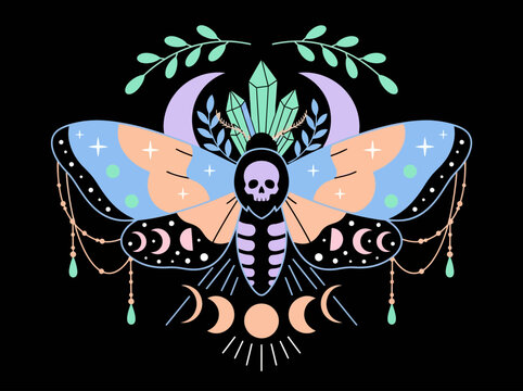 Mystical Death's-head Hawkmoth Illustration with Moon Phases, Crystals, and Celestial Symbols in Pastel Goth Style
