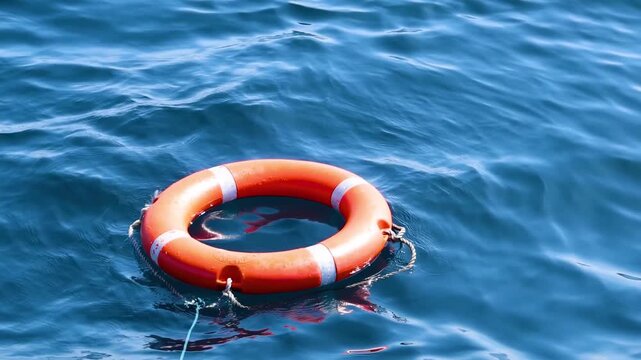 Orange lifebuoy floating on blue sea water surface for safety and rescue motion footage.