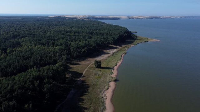 Aerial view of the Curonian Spit landscape (Lithuanian: Kursiu nerija). The shot captures a unique natural panorama characteristic of this region, where the forest, coastline, and water meet.
