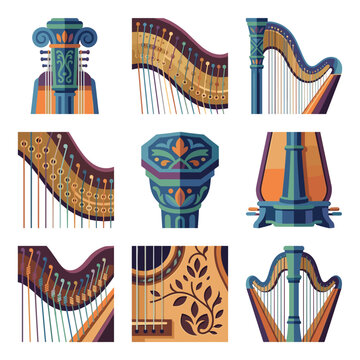 Detailed close-up view of a classical pedal harp featuring gold-colored strings and polished wooden frame, highlighting the intricate mechanical design of the orchestral musical instrument.