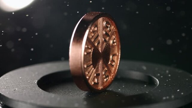 Rotating copper-colored coin wobbling on rim after wobble atop black stand with dust and highlight