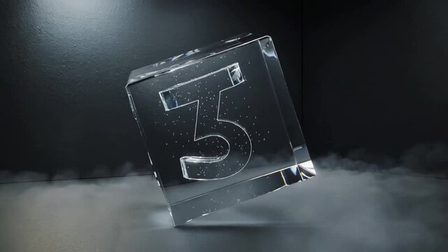 Rotating crystal cube showing 8 shifting to 3 in dark studio with spotlights, fog, bubbles