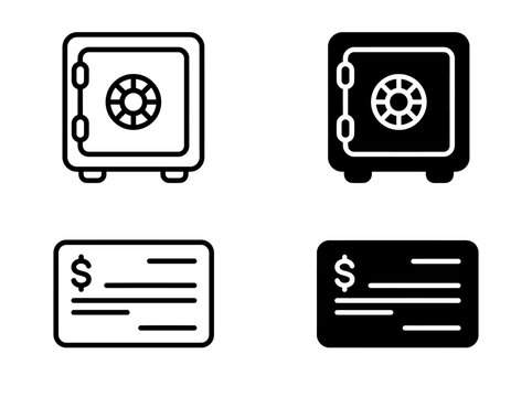 Set of outline and solid bank check and money safe icons with currency