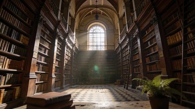 Sunbeam causing cam pulling back, showing worn table at historic library, with lens, books, fern