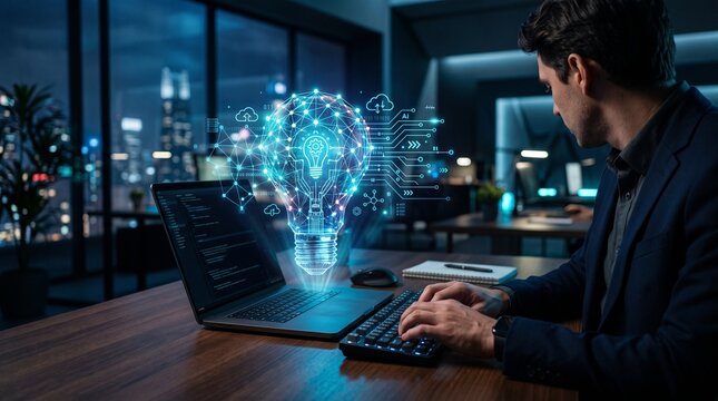 Professional businessman working on a modern laptop in a sleek office at night while a glowing digital lightbulb graphic materializes for creative technology and ai innovation concepts