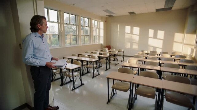 Holding papers, male in blue shirt surveying classroom desks and windows, prepping class