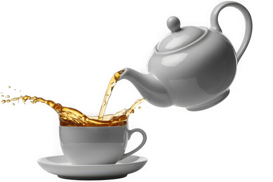 High contrast product photography of tea pouring from teapot into cup splash