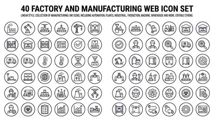 Fototapeta premium Versatile Collection of 40 Outline Industrial and Manufacturing Icons for Web Design and Modern Business Graphics