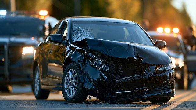 Car crash on the road with police present and emergency lights active in the background during daylight