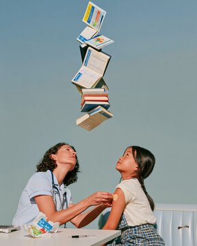 Floating vaccination records hover above a school nurse applying a bandage to an East Asian girl for public health and medical metaphors