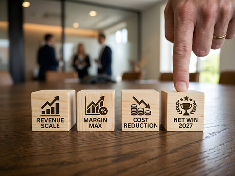 Wooden blocks showcasing business growth strategy with clear icons representing revenue scale margin max cost reduction and net win 2027 goals