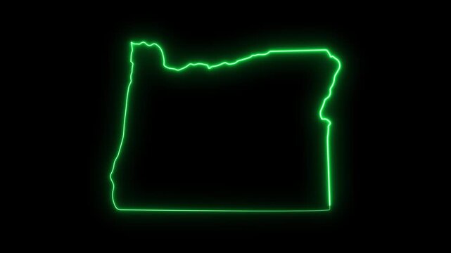 Glowing neon outline map of oregon state, animated digital cartography for travel and business presentations
