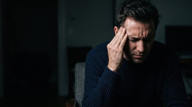 Man touching temple with eyes closed in dark room suffering from migraine headache pain, capturing intense light sensitivity and tension for pharmaceutical advertising and medical health blogs.