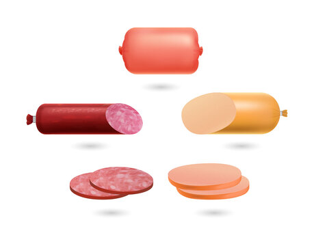 Colorful sliced meats and sausages for food design on transparent background