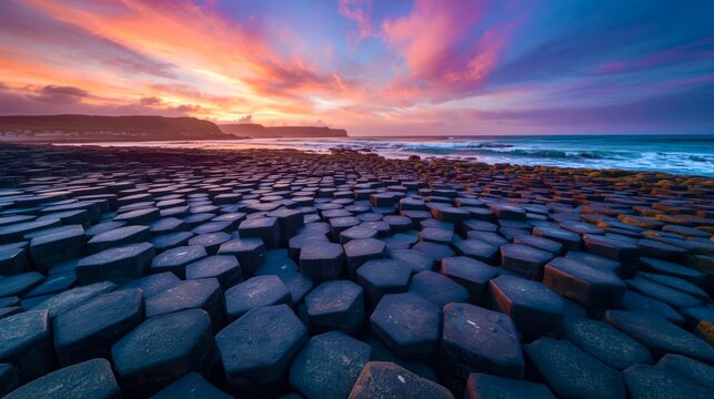 Sunset bathes hexagonal basalt stones in warm hues