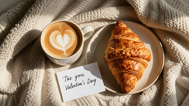 Top-down flatly photograph of a Valentine's Day breakfast in bed, a ceramic mug with heart latte art, freshly baked croissants, a small handwritten love note