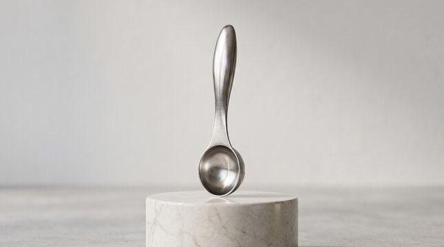 Silver measuring spoon standing upright on a white marble pedestal