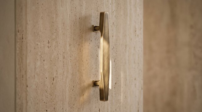Brushed brass door handle mounted on a textured beige stone panel