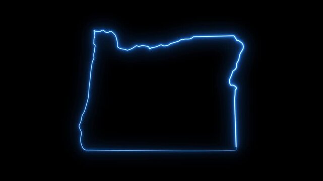 Oregon state map outline with glowing blue neon light effect on black background, border
