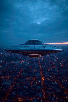 Glowing UFO hovers above sprawling city at twilight